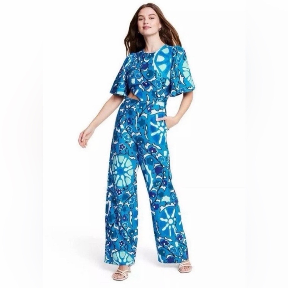 RHODE Blue Floral Cutout Wide-Leg Jumpsuit